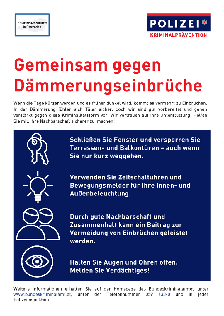 Flyer "Gemeinsam gegen Dämmerungseinbrüche", Infoblatt Polizei