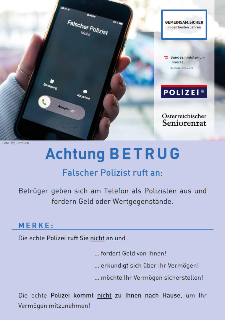 Flyer "Achtung Betrug - falscher Polizist ruft an", Infoblatt Polizei
