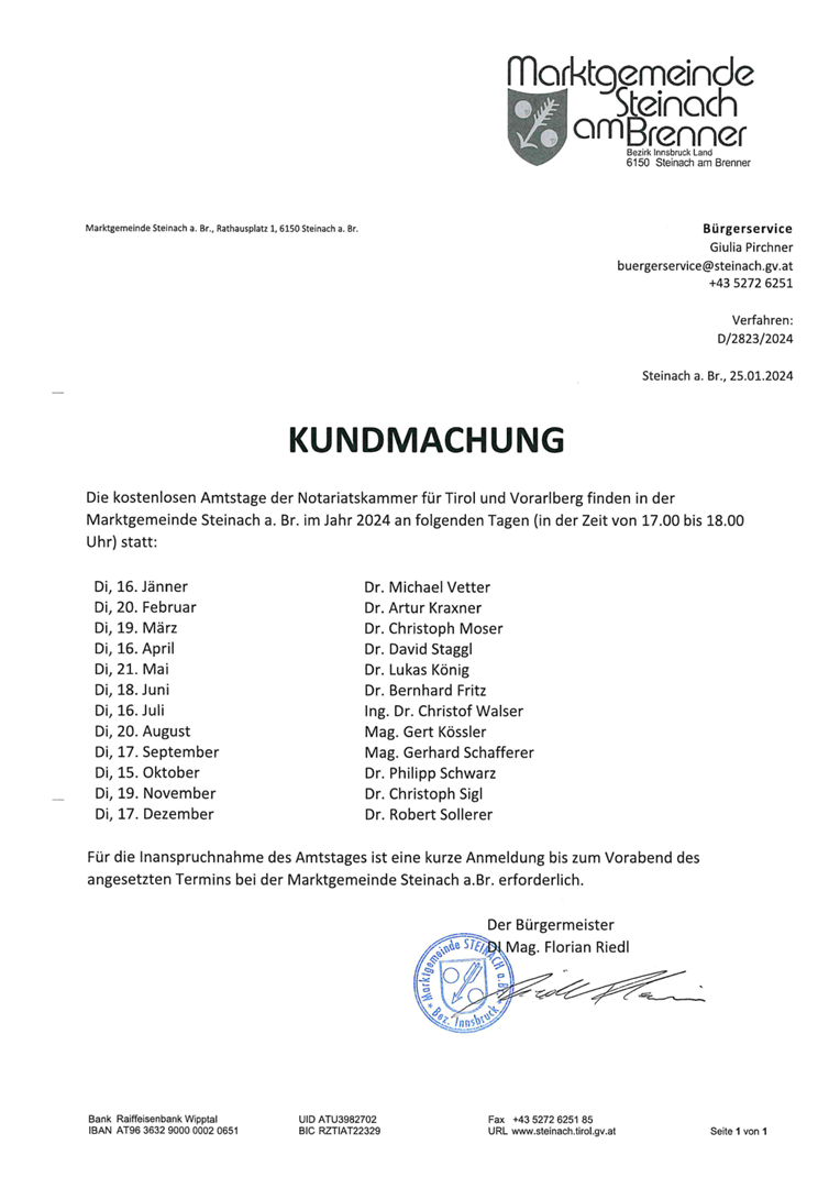 Kundmachung der kostenlosen Amtstage der Notariatskammer für Tirol und Vorarlberg in der Gemeinde Steinach
